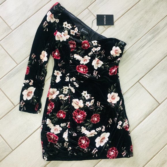 Nicholas One Shoulder Floral Velvet Mini Dress - NEW - Picture 3 of 12